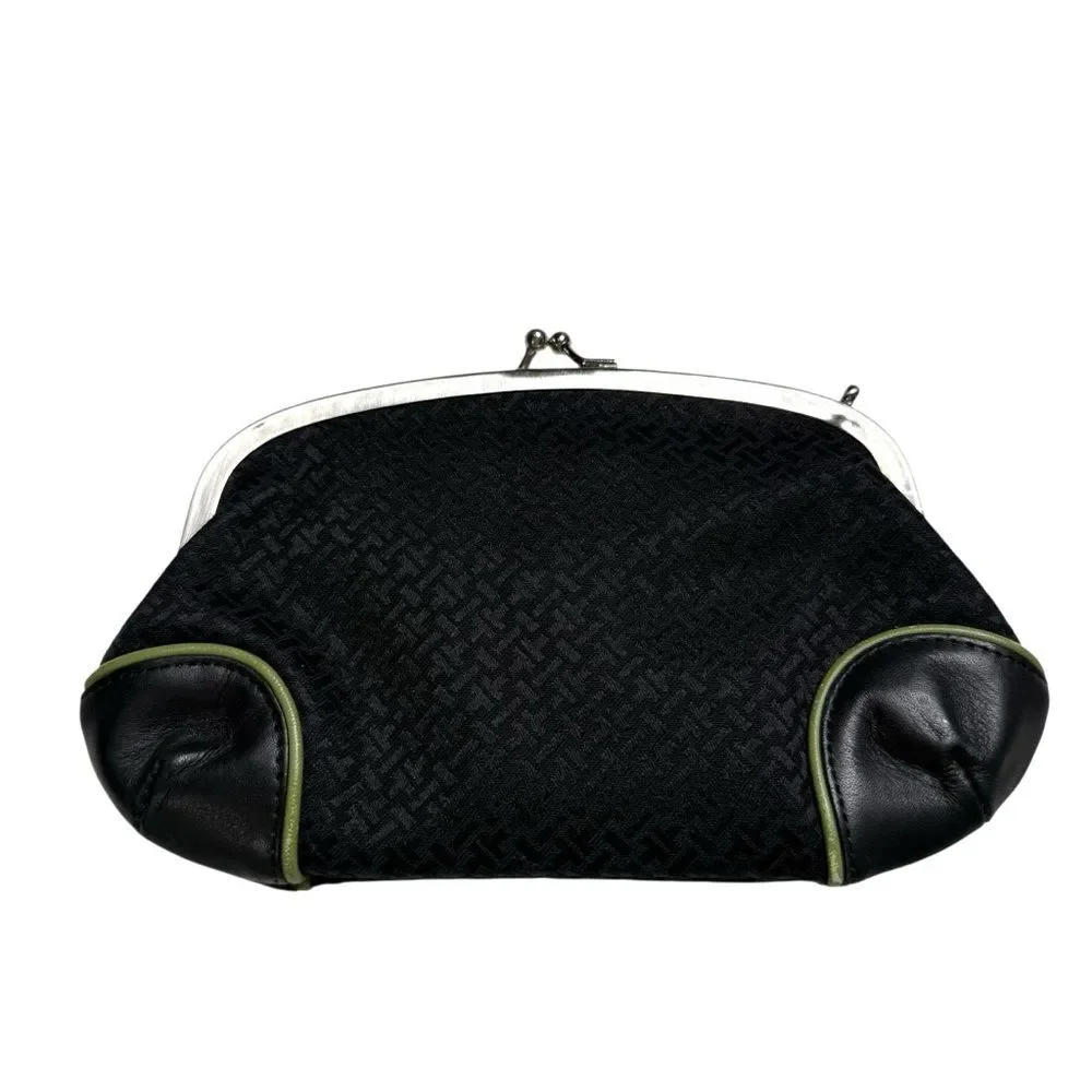 Talbots Leather & Fabric Kiss Lock Mini Clutch Black Green Piping